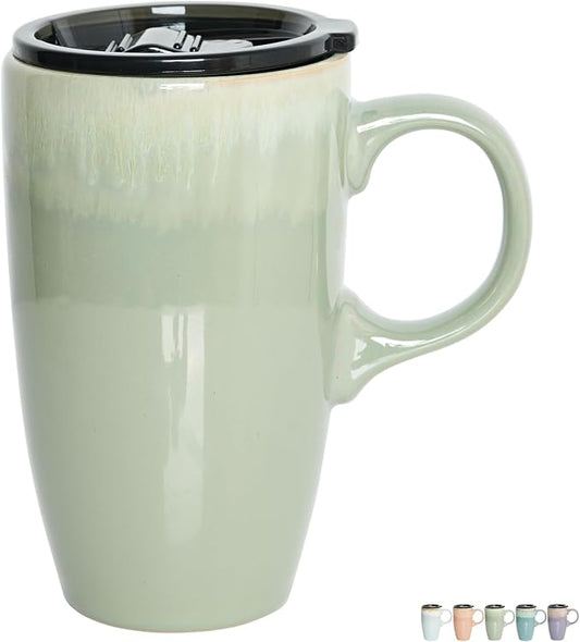 Bosmarlin Ceramic Travel Coffee Mug with Handle and Lid, 18 oz, Portable Coffee Cup for Car Cup Holder, Microwave and Dishwasher Safe, Reactive Glaze (Pale Green) by Bosmarlin