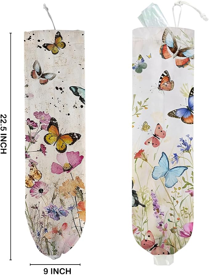 2 Pcs Vintage Floral Plastic Bag Holder, Wall Mount Trash Bag Holder | Summer Floral Colorful Butterfly Reusable Grocery Bags Storage Dispenser for Home Kitchen Pantry, Butterfly Gifts for Women - Image 2