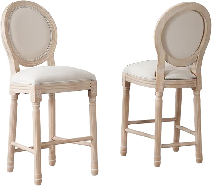 French Country Barstool, Linen Farmhouse Counter Height Chair | Set of 2, with Cushion Round Back and Solid Wood Legs, Oval Chairs for Restaurant, Bar, Kitchen, Café, Beige by RCDDFurniture