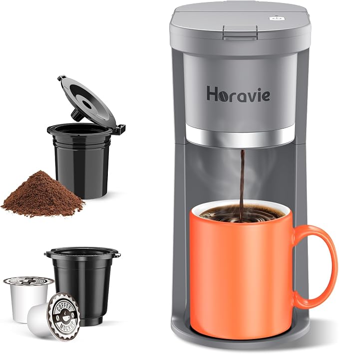 Small Single Serve Coffee Maker, One Cup Coffee Machine for K-Cup & Grounds | Portable Pod Coffee Maker, Fast Brew, 6 to 12 oz. Brew Sizes, One Button Design, Easy for Elder to Use, Space Saving, Black by Horavie
