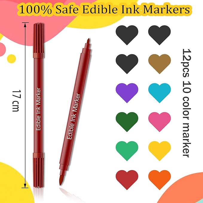 Edible Markers for Cookie Decorating- 12PCS Edible Marker Food Coloring Pens Set Drawing Double Side Writers Tools for Kids DIY Easter Eggs, Cookies, Frosting, Macaroons, Chocolate, Cake Decorations