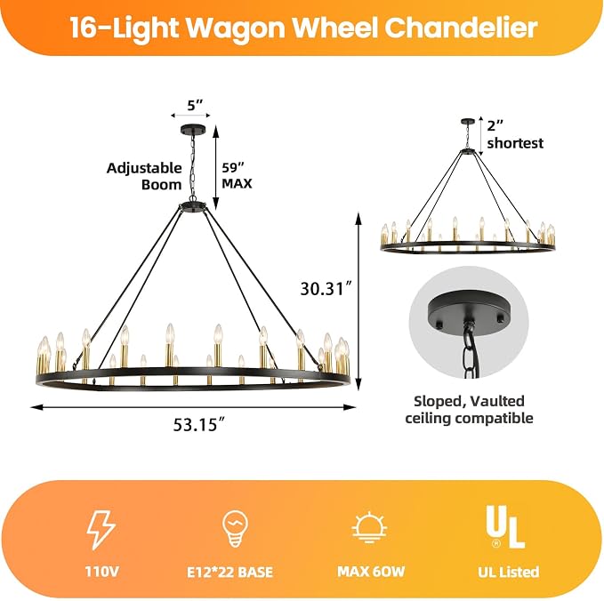 WJShome 24-Light Wagon Wheel Chandelier Farmhouse, 54" Extra Large Chandeliers for High Ceilings, Round Chandeliers for Dinning Room, Entryway, Foyer, Living Room（Black & Gold） - Image 4