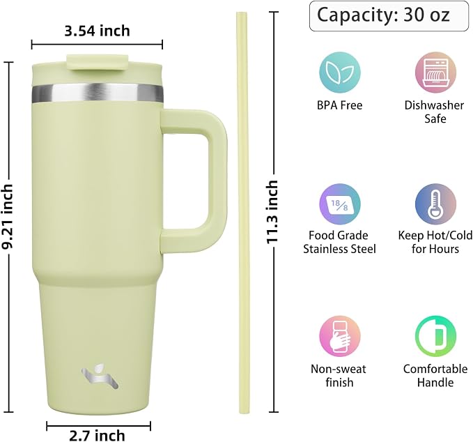 Konokyo 30 oz Insulated Tumbler Water Bottle with Handle, Straw Lid | BPA-free and dishwasher safe; made for gym, travel, coffee and gifting, 2 straws, cup holder friendly,Macaron Green - Image 4