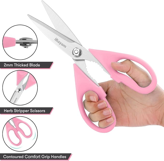 iBayam Pink Kitchen Scissors All Purpose Heavy Duty & Comfort Grip & Cover | Dishwasher Safe, 8.7" Stainless Steel Sharp Scissors Food Poultry, 2-Pack Pink Kitchen Utensils Gadgets for Cooking & Baking - Image 4