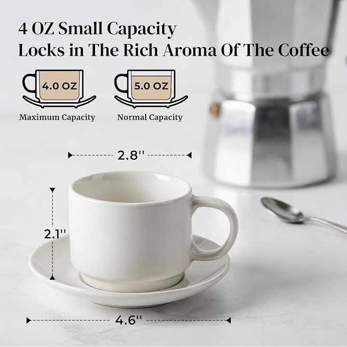 DOWAN 4 OZ Stackable Espresso Cups, Porcelain Coffee Cups with Saucers Set of 4, White Espresso and Tea Cups for Home, Office and Cafe Use - Image 2