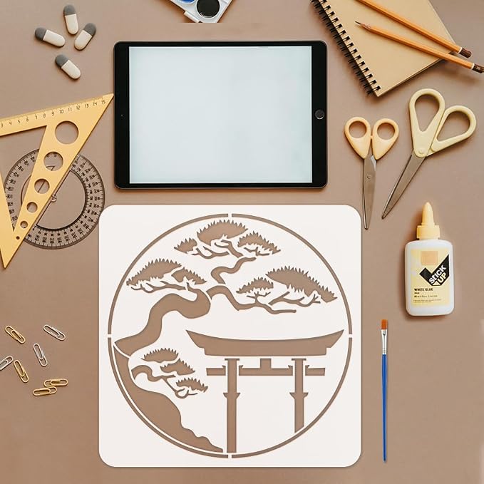 FINGERINSPIRE Japanese Torii Gate Painting Stencil with Brush 11.8x11.8inch Plastic PET Argyro Pine Trees Drawing Template Decorative Hollowed Oriental Theme Stencil for Painting on Wood Canvas - Image 3