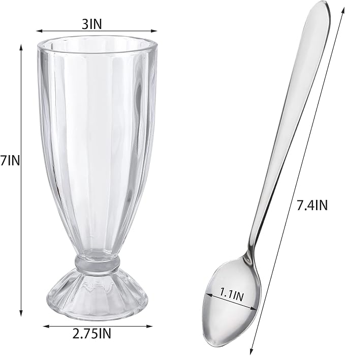 Cedilis Set of 6 Milkshake Glass, 12oz Old Fashion Sundae Cups, Retro Ice Cream Float Glasses, Heavy Base Soda Fountain Glassware with 6 Long Stainless Steel Spoons - Image 2