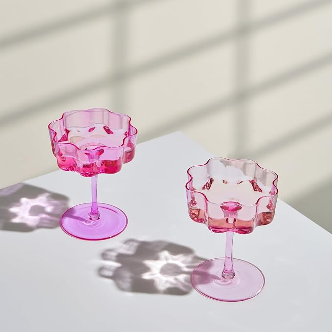 Flower Scalloped Vintage Wavy Petals Wave Glass Coupes 7oz Colorful Martini, Champagne & Cocktails, 2 Pink & Blush Set Amber Rippled Champagne Glasses, Elegant Bar Glassware, Aesthetic Coupe Glassware - Image 6