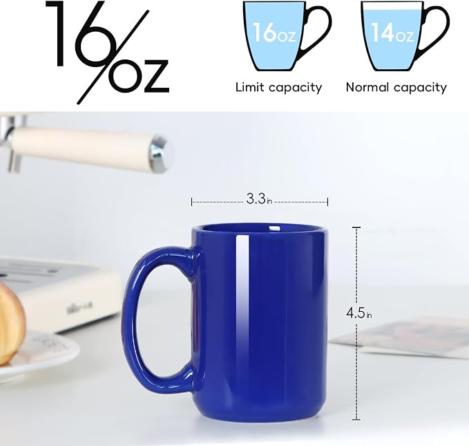 16 OZ Coffee Mugs, Classic Blank Ceramic Cup with Large Handle for Tea Latte Cappuccino, Set of 4, Blue - Image 3