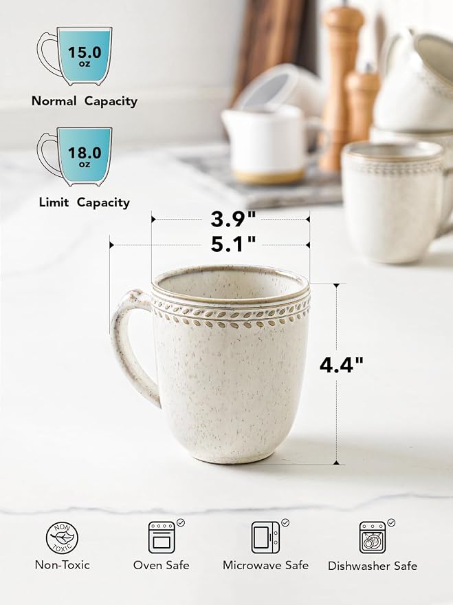 LE TAUCI Coffee Mugs 18 oz,Ceramic Mug Set, Embossment Cups for Latte, Hot Tea, Cappuccino, Mocha, Cocoa,Suit For Housewarming Wedding- 3.9 inch, Set of 6, Birch - Image 3