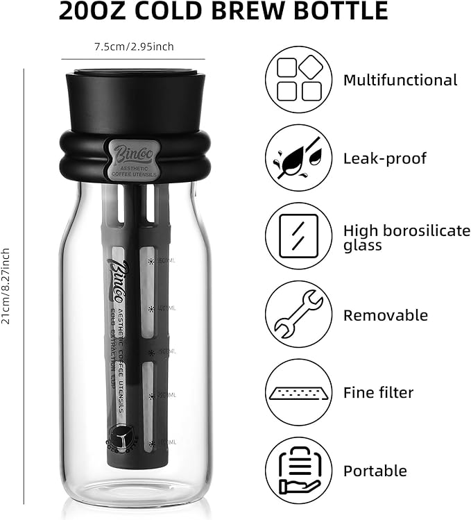 Bincoo Borosilicate Glass Cold Brew Coffee Maker-600ml,Leak-Proof,Cold Brew Bottle with Fine Mesh Filter & Silicone Funnel,Multi-Functional for Coffee & Fruit Tea (Black)