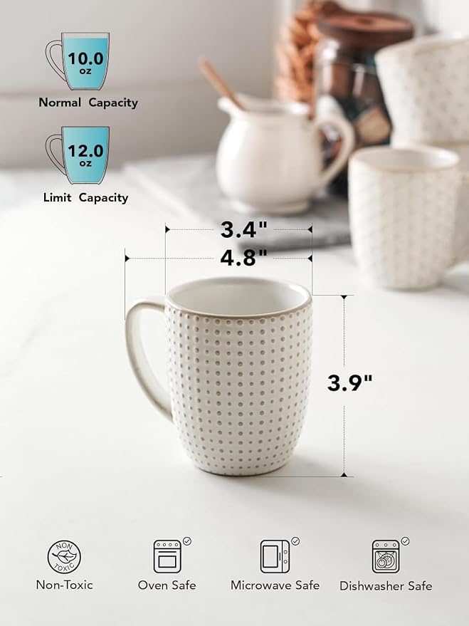 LE TAUCI Coffee Mugs 12 oz, Ceramic Mug Set Set of 4, Embossment Cups for Espresso, Latte, Tea, Cocoa, Cappuccino & Mocha, Dishwasher Oven Microwave Safe - 3.4 inch, Arctic White - Image 4