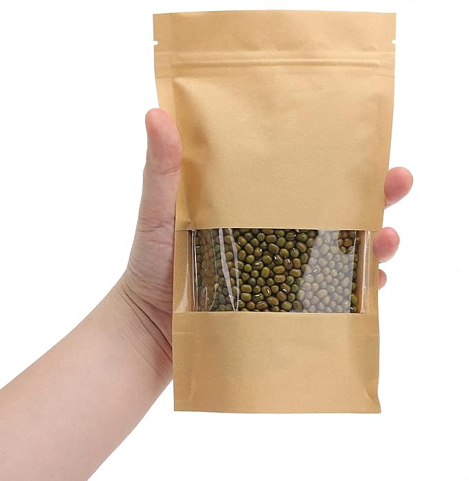 100pcs Kraft Paper Treat Bags with Window, Ziplock Stand Up Pouches for Packing Food Cookies Snacks - Image 2