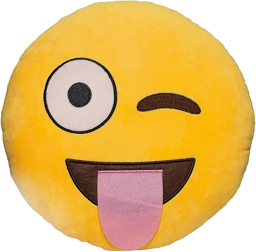 EvZ Official Certified Tongue Out Plush Pillow - 32cm Large Soft Winking Face Emoticon Cushion - Funny Playful Decorative Stuffed Toy for Pranksters, Kids Room & Silly Gift (Yellow) by EvZ