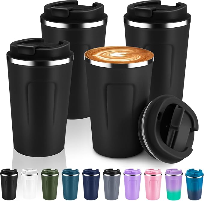 Volhoply 12 oz Double Wall Insulated Vacuum Travel Coffee Mug with Flip Lid Bulk 4 Pack,Reusable Stainless Steel Leak Proof Coffee Cups,Portable Cafe Thermal Tumbler for Hot & Cold Drinks(Black,4 Set) by LiveFully%EF%BC%8CDrinkFreely%E2%80%94KeepGoingwithVolhoply%EF%BC%81