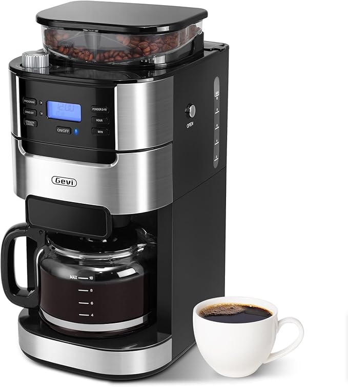 Gevi 10-Cup Grind-And-Brew Drip Coffee Maker with Built-In Burr Grinder | Programmable Timer, 1.5L Water Tank, 2-Hour Auto Keep-Warm, Durable Reusable Permanent Filter for Daily Coffee Brewing by Gevi