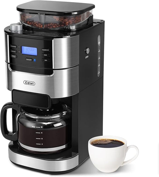 Gevi 10-Cup Grind-And-Brew Drip Coffee Maker with Built-In Burr Grinder | Programmable Timer, 1.5L Water Tank, 2-Hour Auto Keep-Warm, Durable Reusable Permanent Filter for Daily Coffee Brewing by Gevi