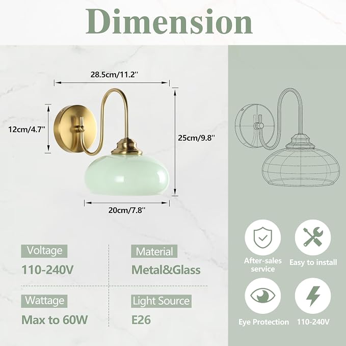 Mid Century Wall Sconce Green Glass Globe Wall Lamp for Dining Room Modern Gold Semi Flush Mount Hard-Wired Wall Light Fixture for Hallway, Kitchen, Indoor Use - Image 2