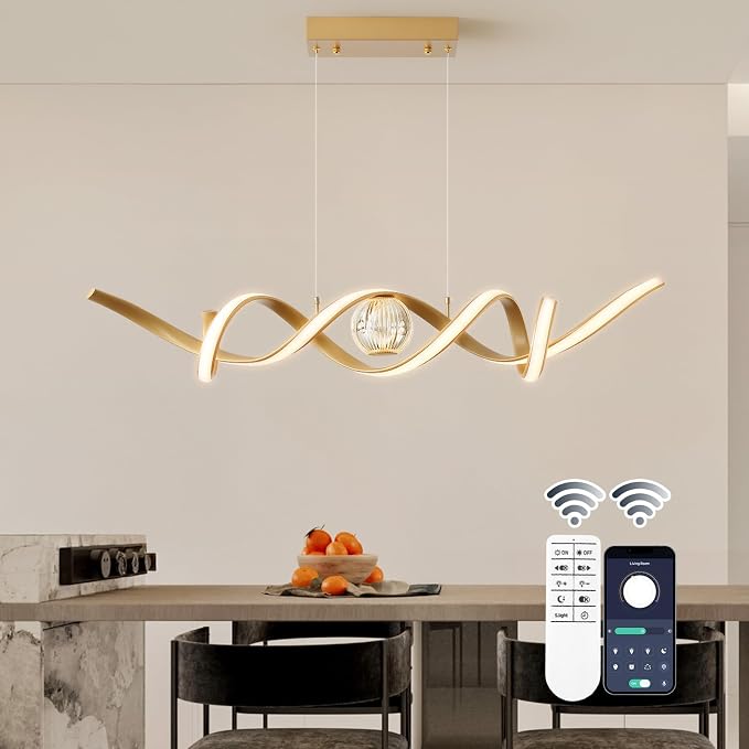 ORANOOR LED Modern Chandelier 39inch Dimmable Kitchen Island Pendant Lights | Gold Chandelier Light Fixtures, Linear Wave Spiral LED Pendant Lighting Over Island, Dining Room Lights Ceiling Hanging, 36W by ORANOOR
