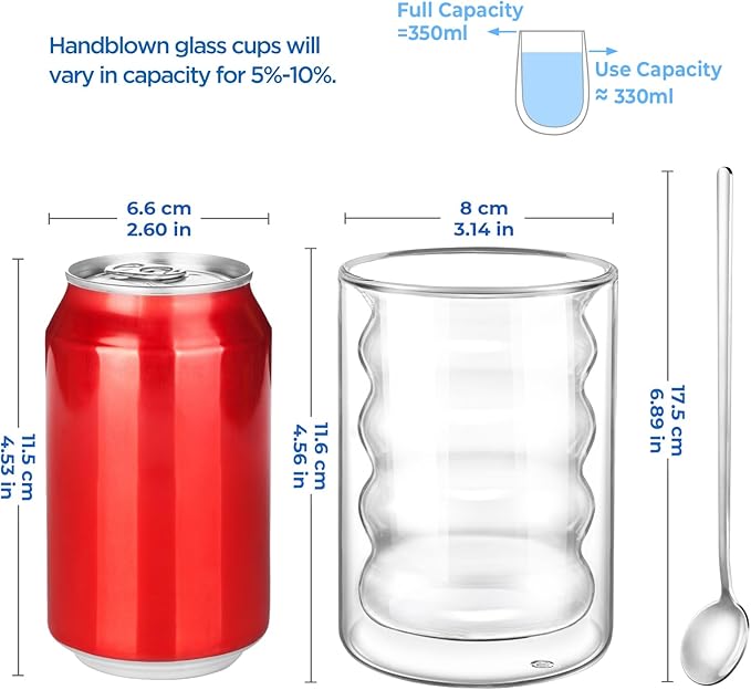 ecooe Double Walled Glass Coffee Mug 12 oz Latte Cappuccino Cups Set of 2, Ripple Shaped Clear Glass Cups, Insulated Double Wall Glass Tea Cup for Milk Juice Ice Cream, Birthday Gifts for Mum Dad