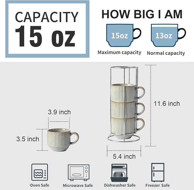 HASENSE Stackable Coffee Mugs, 15 Oz Ceramic Coffee Mugs with Stand, Vertical Striped Coffee Cups Set of 4 with Handle, Space-Saving Suitable for Kitchens and Coffee Nook, Blue-Gray - Image 2