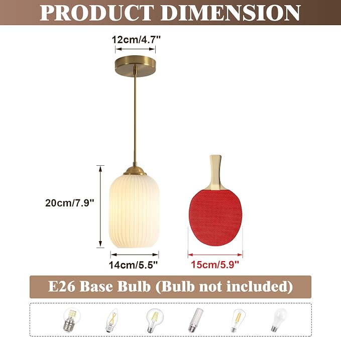 KCO Lighting Brass Gold Mini 5.5” Ribbed Cylinder White Glass Pendant Light | Adjustable Cord E26 Hardwired Hanging Lamp Mid Century Modern Vintage Hanging Light for Kitchen Island Bedroom Dining Room - Image 2