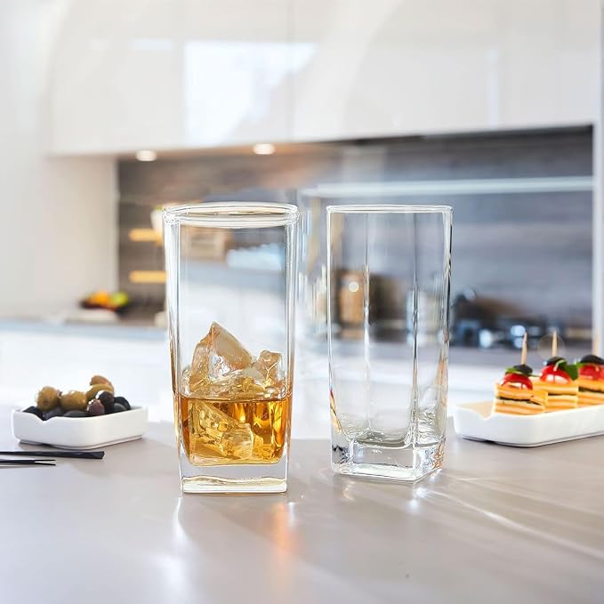 Le'raze Set of 4 Everyday Drinking Glasses - Square Tall Glass Cups Drinkware Kitchen Collins Glasses for Cocktail, Iced Coffee, Beer, Ice Tea, Wine, Whiskey, Water Glassware Sets - Image 5