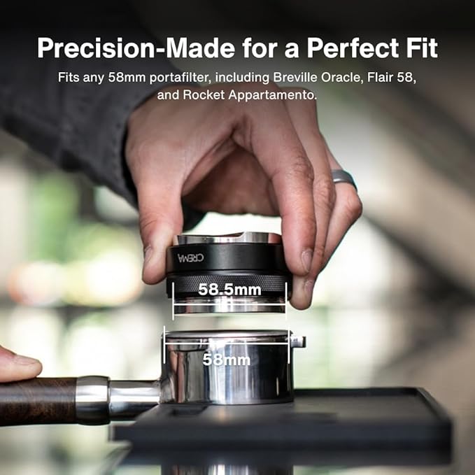 CREMA Coffee Products 59mm Hand Tamper & Distributor | Compatible with Breville Portafilters | Double-Sided, Adjustable Depth Tool | Made with Durable 304 Stainless Steel | Black