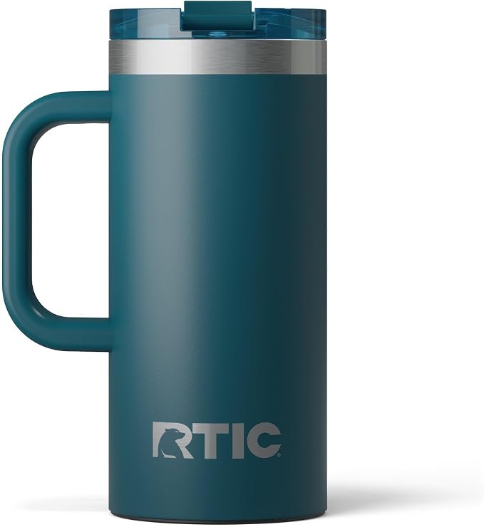 RTIC 16oz Road Trip Travel Mug with Lid and Handle, Ceramic Lined, Insulated, Stainless Steel, Metal, Double Wall Vacuum-Insulation, Portable Coffee, Tea Cup for Hot and Cold Drink, Marine by RTIC