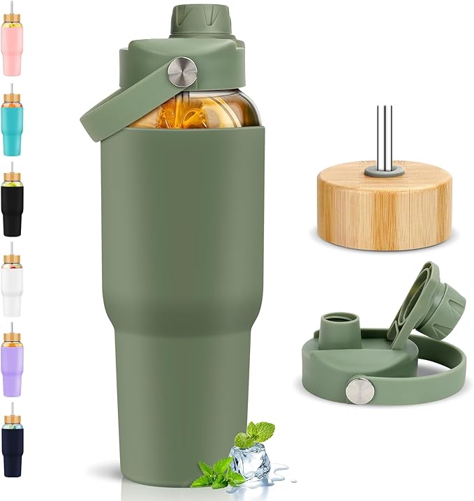 PROBTTL 40 oz Glass Tumbler with Handle - Sports Clear Borosilicate Glass Water Bottle with Straw, Silicone Sleeve, 2 Lids - Handle Spout & Bamboo Straw Lid, Fits Car Cup Holder, Leakproof（Olive