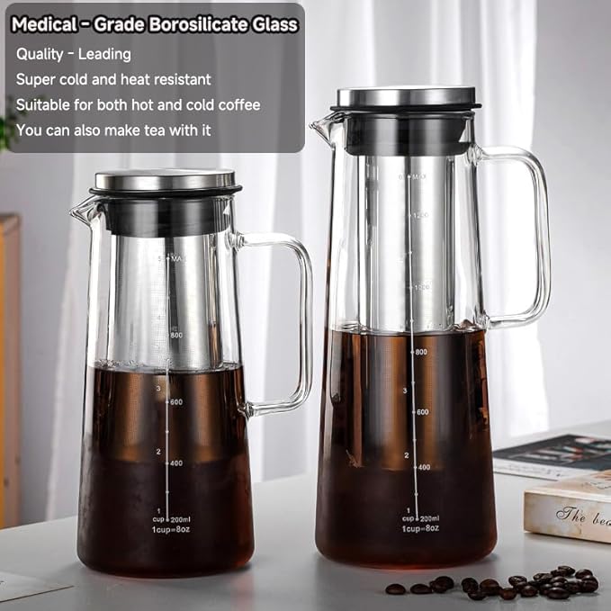 Cold Brew Coffee Maker Borosilicate Glass with 304 Stainless Steel Filter, Tea Infuser Ice Cold Brew Pitcher Kitchen, with Spout Kitchen Iced (34oz (1.0 L))