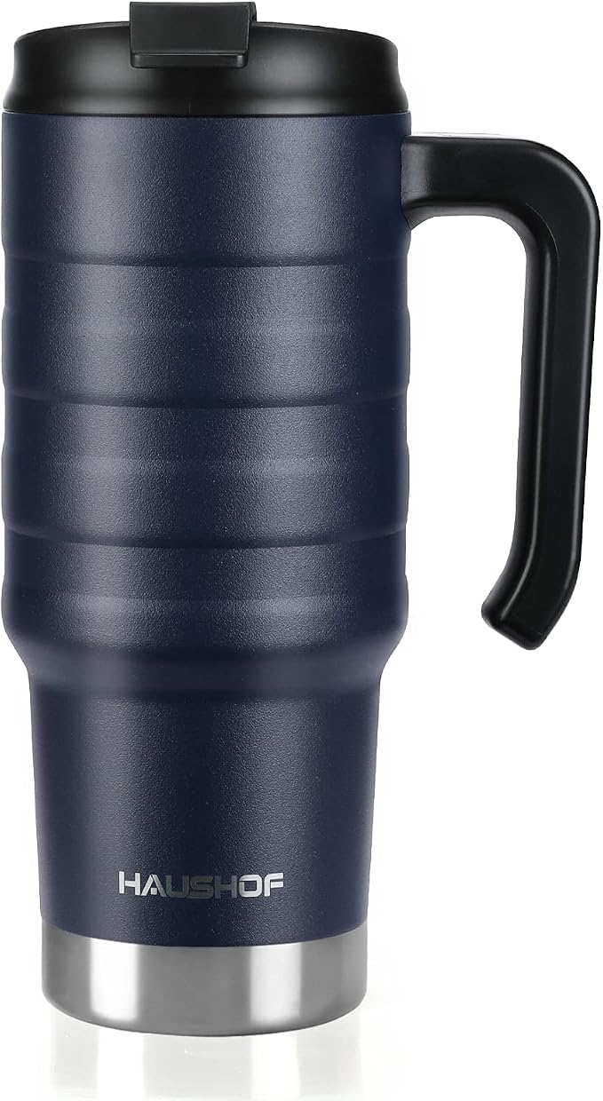 HAUSHOF 24 oz Travel Mug, Stainless Double Wall Vacuum Insulated Tumbler with Handle & Spill Proof Twist On Flip Lid and Wide Mouth, BPA Free (Navy Blue) by HAUSHOF