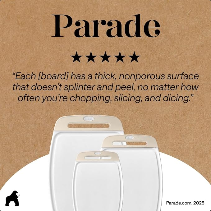 GORILLA GRIP BPA-Free Reversible Kitchen Cutting Board Set of 3, US Designed, Nonporous, Juice Grooves Catch Liquid, Slip Resistant Border, Dishwasher Safe, Durable Large Food Chopping Boards, Almond - Image 9