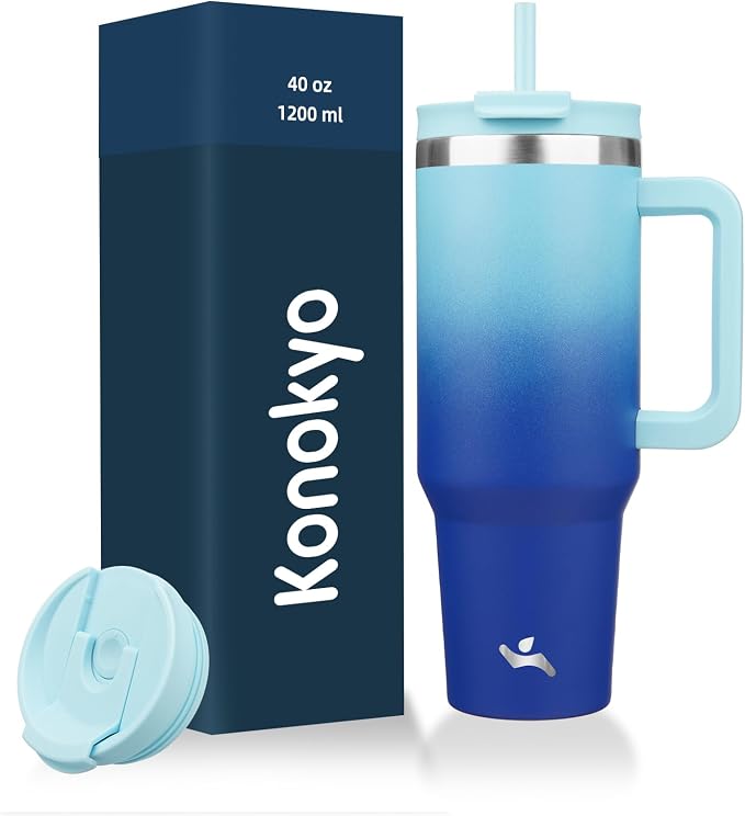 Konokyo 40 oz Insulated Tumbler Water Bottle with Handle, Straw Lid | BPA-free and dishwasher safe; made for gym, travel, coffee and gifting, 2 straws, cup holder friendly,Sky by Konokyo