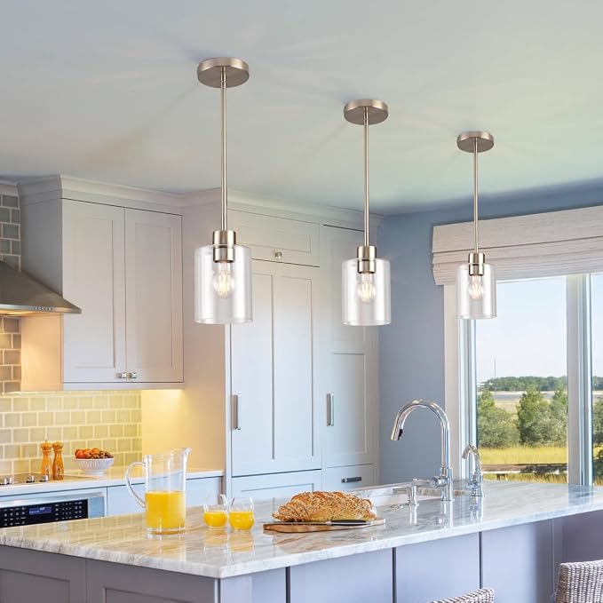 Brushed Nickel Pendant Lights,Modern Farmhouse Pendant Light,Light Fixture Kitchen Pendant Mini Hanging Light for Sink Island,Adjustable Height,Home Décor Lighting (Brushed Nickel 2 pack Stem Rod) - Image 2