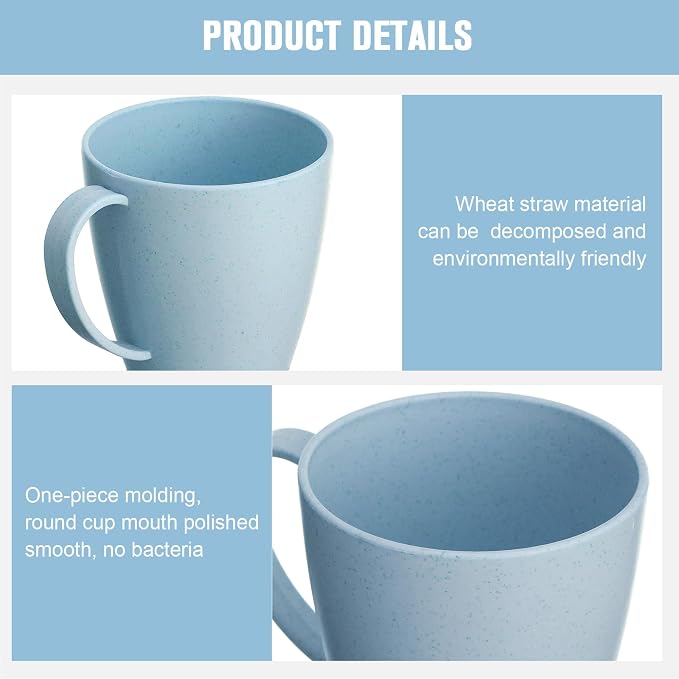 Zopeal 16 Pack Wheat Straw Plastic Coffee Cups Mugs 10 Oz Reusable Plastic Cup Mug with Handle Lightweight Microwavable Dishwasher Safe Unbreakable for Tea Milk Water Juice Coffee (Nordic Blue) - Image 3