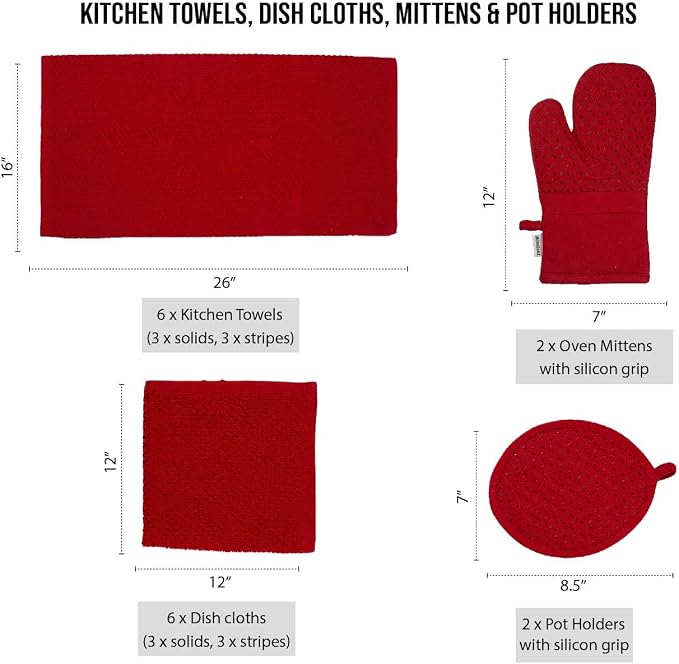 LANE LINEN 16 Pc Kitchen Dish Towels Set - 6 Absorbent Terry Kitchen Hand Towels, 6 Dish Cloths for Washing Dishes, 2 Silicone Grip Potholders & 2 Silicone Oven Mitts - Red - Image 2