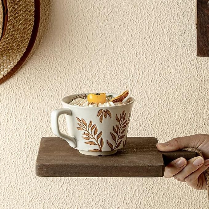 4 Pack 12oz Embossed Leaf Ceramic Coffee Mugs, Vintage Speckled Stoneware Tea Cups, Rustic Brown Spring Leaf Large Drinking Mugs, Microwave & Dishwasher Safe, Farmhouse Kitchen Decor, Gift Set - Image 7