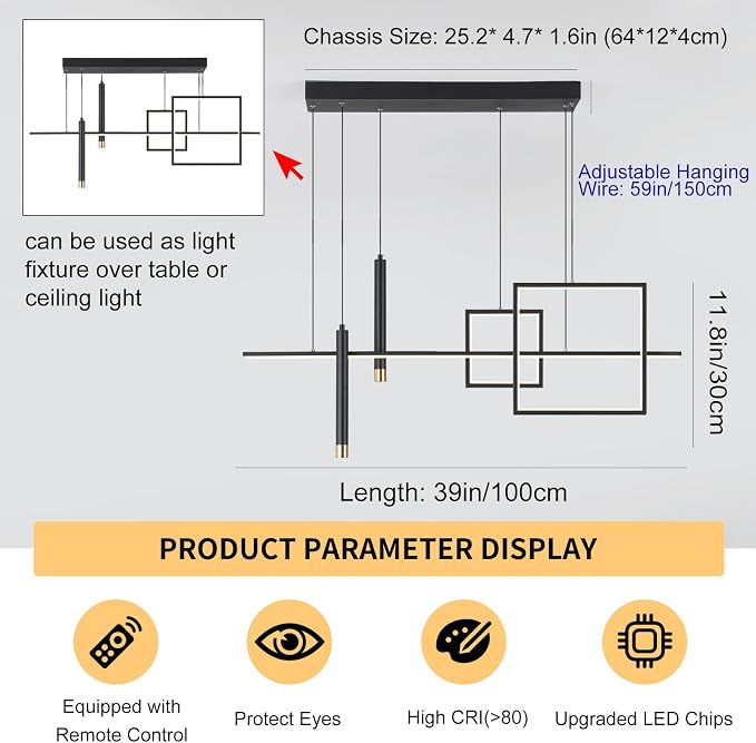 ORANOOR Modern LED Chandeliers, 39inch Dimmable Linear Black Pendant Lights | 39in Square Black Gold Dining Room Hanging Light Fixture, Kitchen Island Pendant Light for Dining Table Bar (3000lm/ 50W) - Image 4