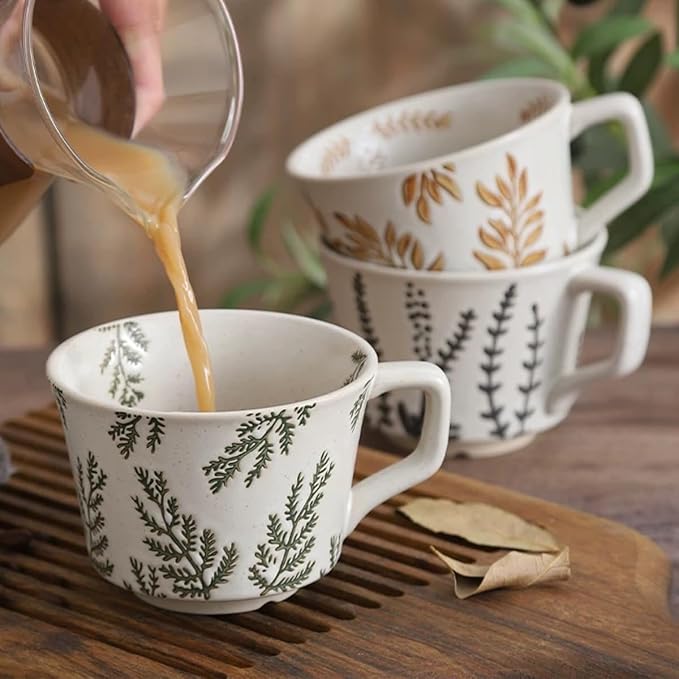 Small Ceramic Mug 1pc, 11oz - Vintage Coffee Mug, Handmade Pottery Cup for Milk, Latte, Cappuccino, Tea - Porcelain Dishwasher, Microwave Safe Stoneware Green Leaf - Image 2
