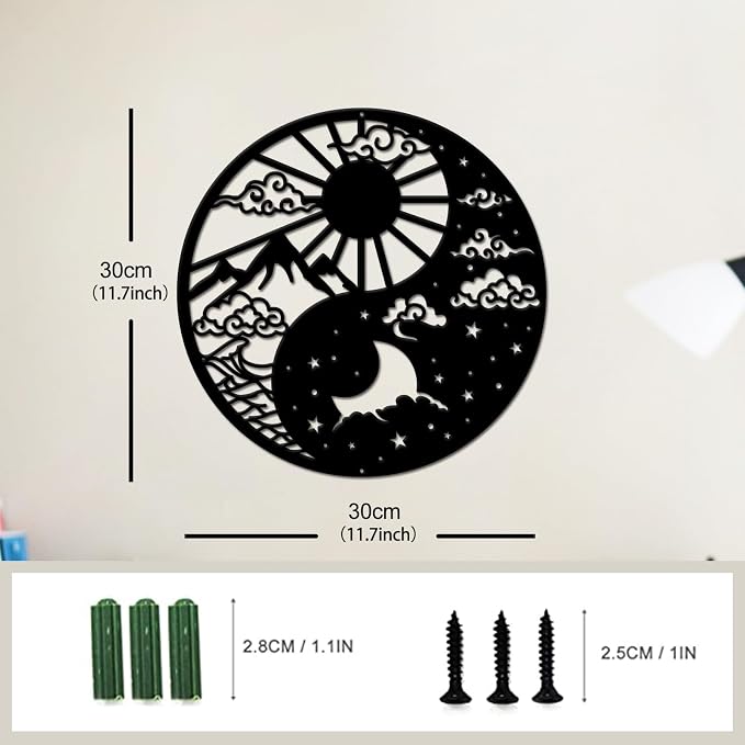 INFUNLY Yin Yang Wall Art Decor 11.8x11.8 Inches Moon Sun and Stars Wall Art with Mountain and Lake Cloud Tai Chi Chakra Wall Decor Wall Sculpture for Yoga Meditation Zen Room Bedroom Decoration - Image 2