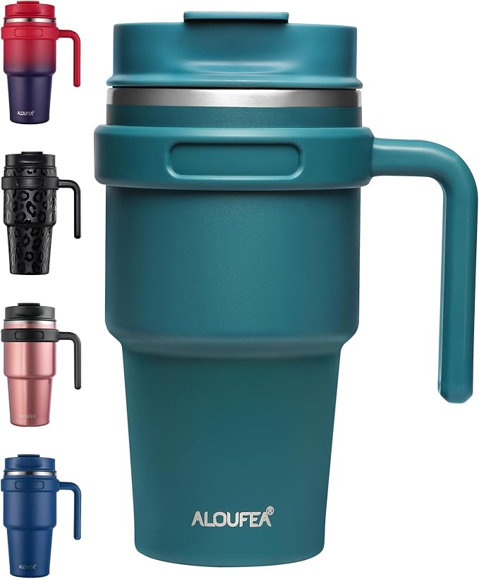 20 oz Insulated Travel Coffee Mug Tumbler with Handle and Straw | Leakproof Stainless Steel Coffee Cup with Lid, Double Wall Vacuum Ice Thermal Cup, Ocean Teal by ALOUFEA