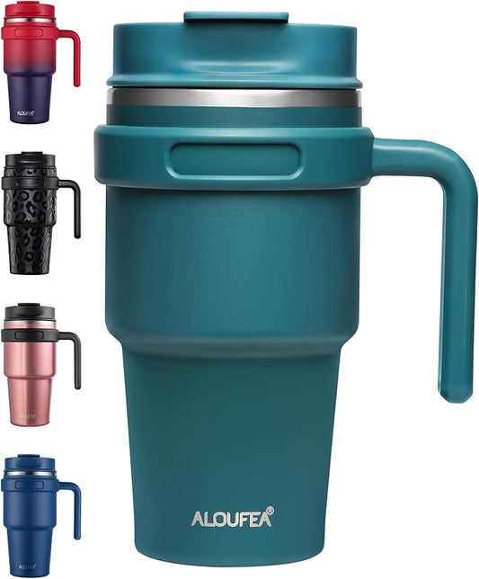20 oz Insulated Travel Coffee Mug Tumbler with Handle and Straw | Leakproof Stainless Steel Coffee Cup with Lid, Double Wall Vacuum Ice Thermal Cup, Ocean Teal by ALOUFEA