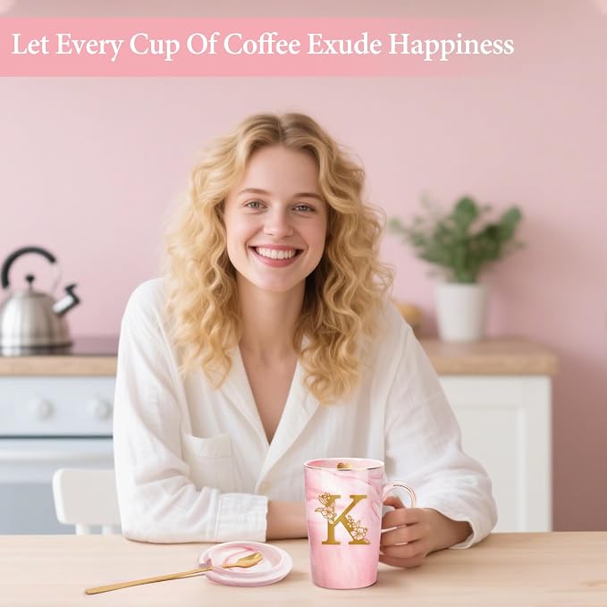 Coffee Mugs - Personalized Gifts for Women, Initial Customized Ceramic Marble Cups 14 Oz Pink, Luxury Christmas Mother's Day Birthday Gift for Mom Grandma Girlfriend Friend Unique,K - Image 6