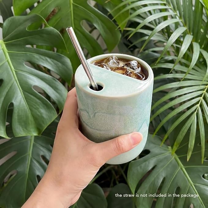 Handmade Ceramic Coffee Mug with Half Lid, 17oz Unique Tea Coffee Cup with Sip-top Lid, Sea Foam - Image 8
