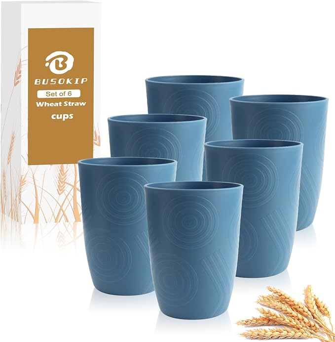 Wheat Straw Cups Set of 6, Plastic Drinking Glasses 12 OZ, Alternative to Plastic Cups Reusable, Unbreakable Water Cups for Kids, Microwave & Dishwasher Safe Drinking Cups for Kitchen - Blue by BUSOKIP