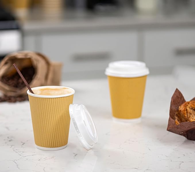 GUSTO Comfy Package [12 oz. - 50 Sets] Insulated Kraft Ripple Paper Hot Cups, Disposable Coffee Cups With Lids - Ideal for Hot Beverages, Travel, and Office Use