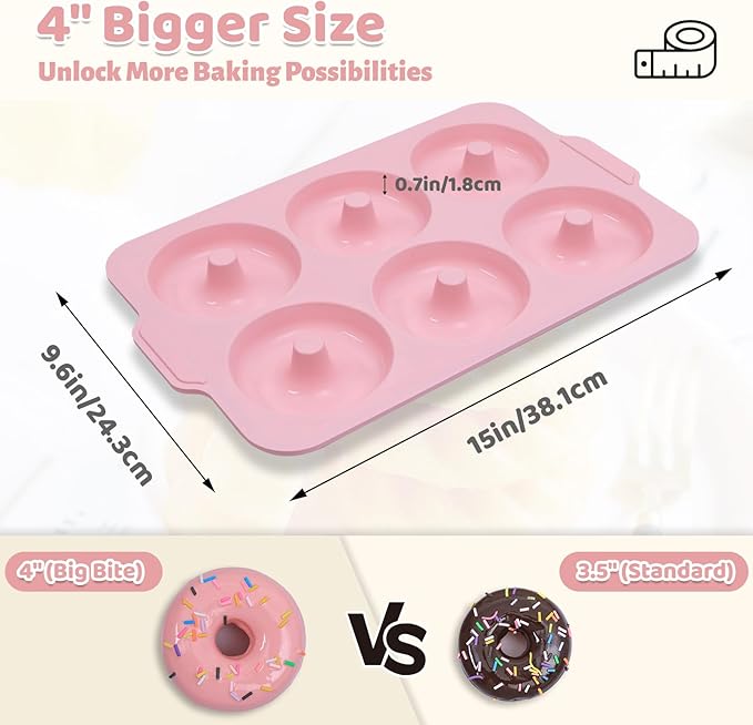 Nonstick Silicone Donut Pan: 4 Inch Large Donut Mold with Metal Frame - Bagel Doughnut Pan for Baking Gluten Free Glazed Vegan - for Oven Housewife Home Baker Baking Lovers (Pink & Beige)