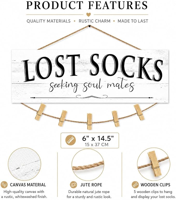 Laundry Room Signs Wall Decor: Lost Socks Sign - Seeking Soul Mates Quotes Funny Laundry Signs Rustic Farmhouse Laundry Room Door Sign Canvas Prints Wall Plaques Hanging Decor 6" x 14.5" - Image 3