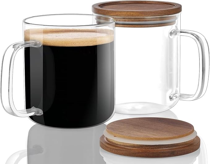 DRASTAR Glass Coffee Mugs,Clear Coffee Cups, Coffee Mug with Acacia Wood Lid, Tea Glass Cups with Handles, Large Coffee Mug Set of 2, Glass Coffee Cups for Latte, Espresso, Tea (2, 16 oz) by EnhanceYourDailyLife